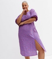 New Look Curves Purple Gingham Puff Sleeve Split Hem Midi Dress